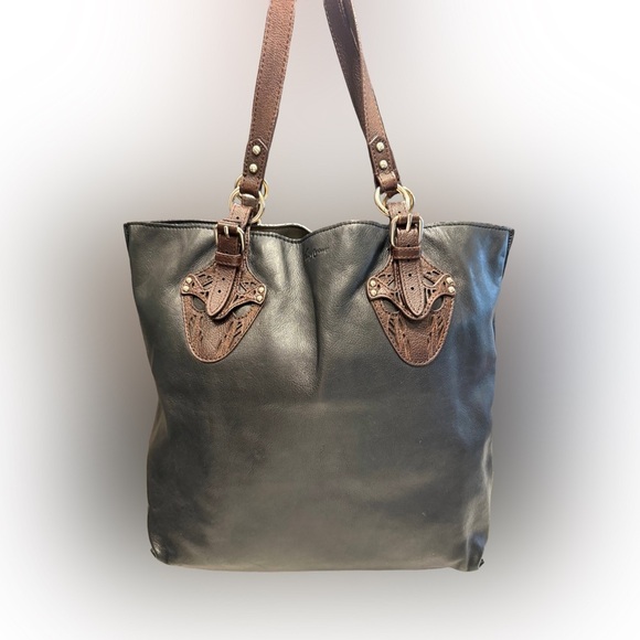 Foley + Corinna Handbags - Foley + Corinna Black Leather Large Tote Bag Silver Hardware Brown Accents EUC